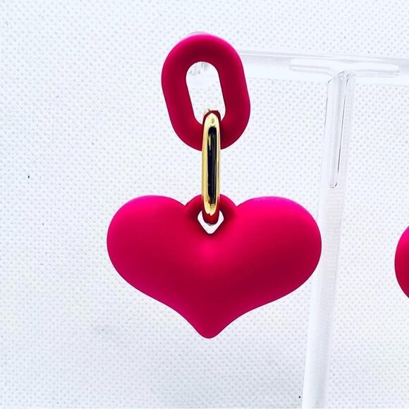 Hot Pink Heart and Chain Detail Drop Statement Earrings Feminine Chunky Barbie - Picture 9 of 11